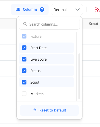 Column customization panel showing column visibility toggles and Reset to Default