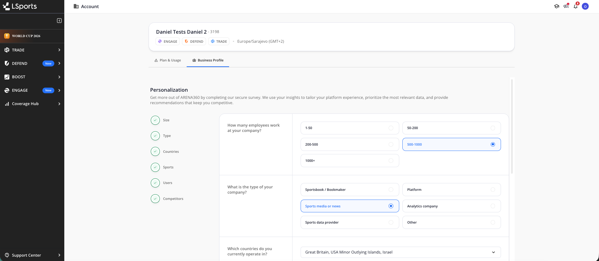 Business Profile tab showing Personalization survey