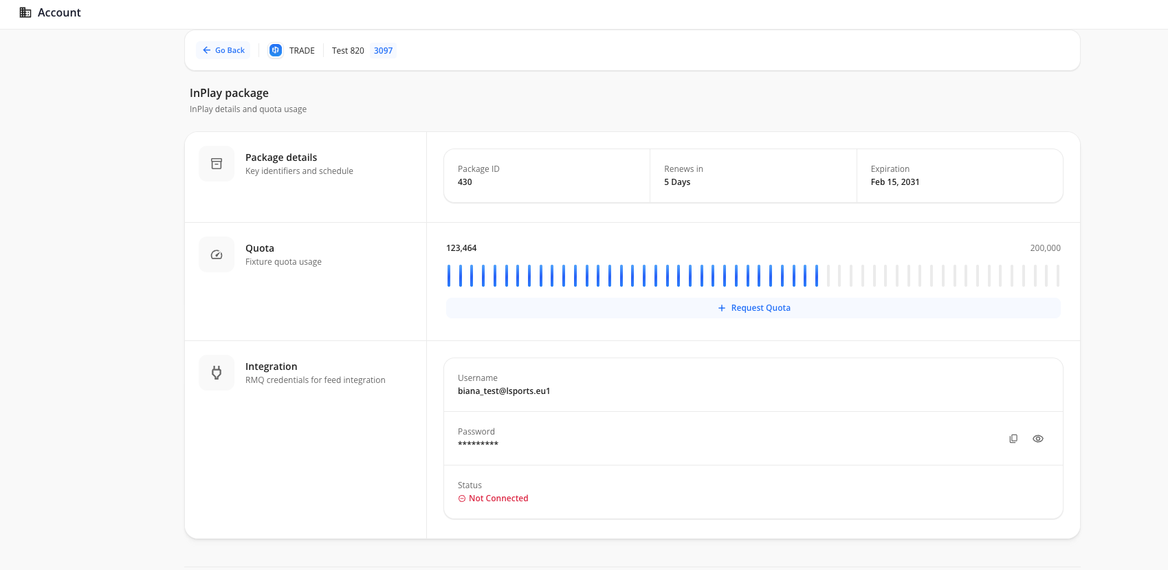 Integration section showing Username, Password and Status fields within the InPlay package detail view