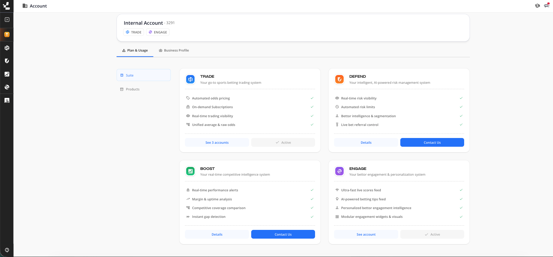 Plan & Usage tab with the Suite view showing product cards for TRADE, DEFEND, BOOST and ENGAGE
