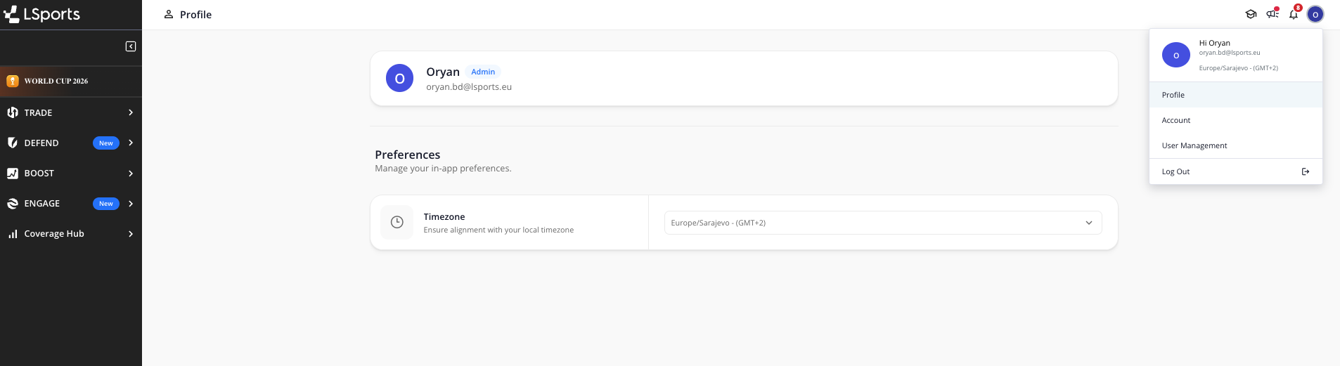 Avatar menu showing Profile, Account, User Management and Log Out options