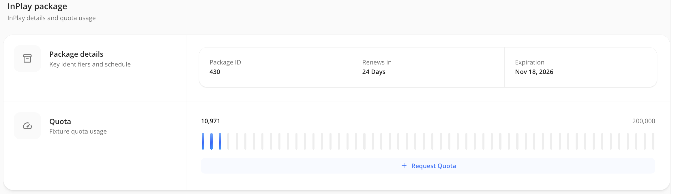 InPlay package showing quota usage bar with fixtures used and total allowance